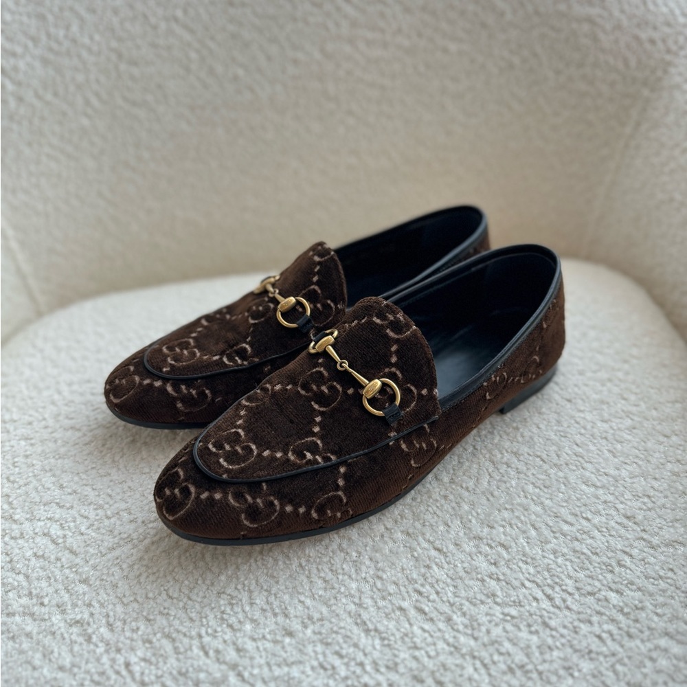 Gucci Women’s Velvet GG Monogram Jordaan Loafers Brown Size 39
